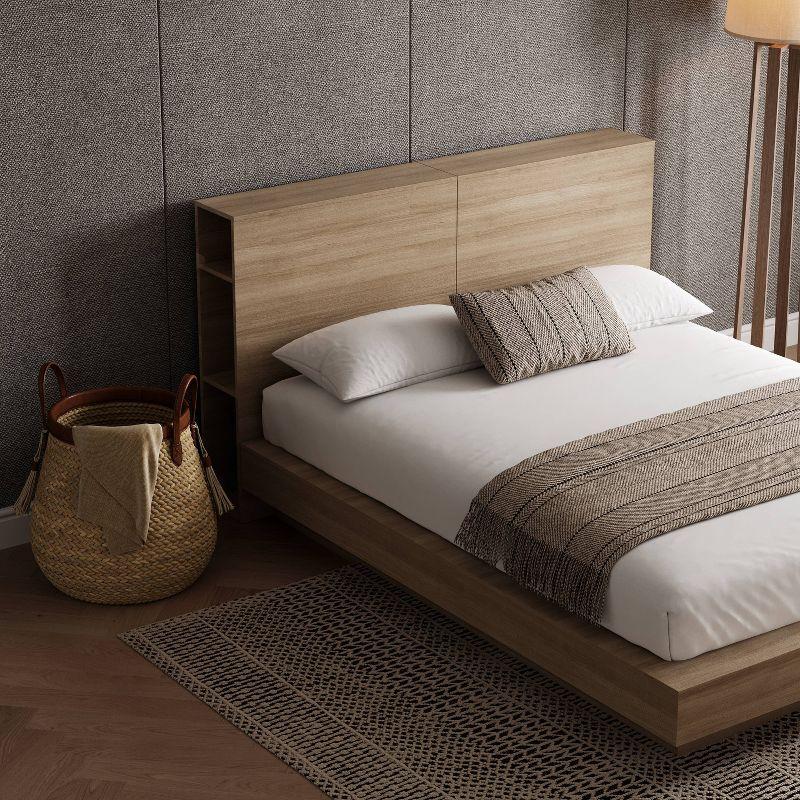 Nexera Queen Marconi Platform Bed Set Brown Oak: Modern Style, Wood Composite, Storage Headboard