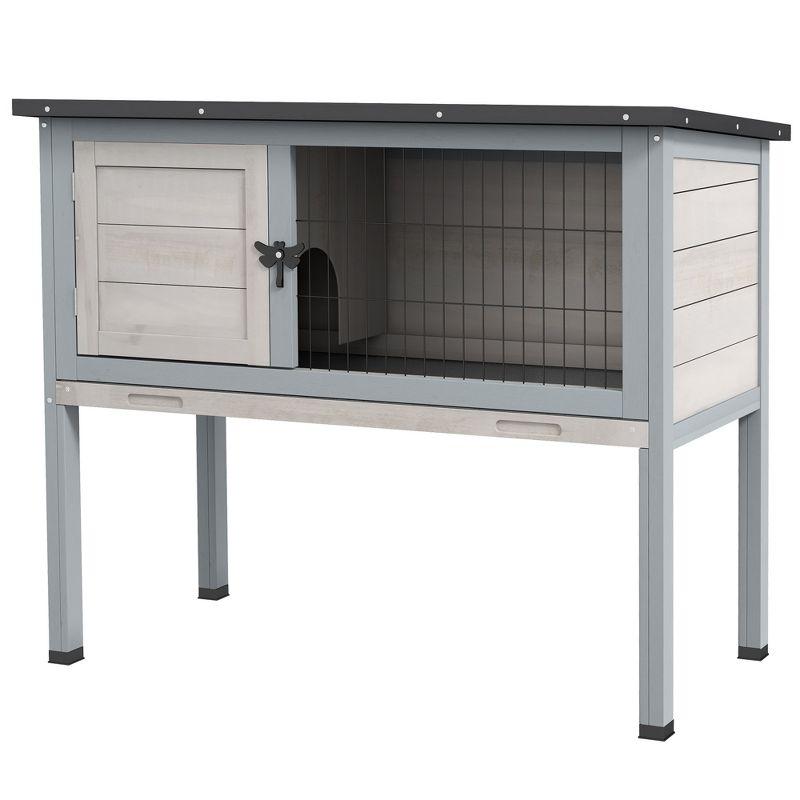 Gray and Black Elevated Fir Wood Guinea Pig Hutch with Hinged Roof