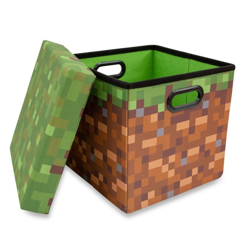 Ukonic Minecraft Grassy Block Fabric Storage Bin Cube Organizer with Lid | 13 Inches