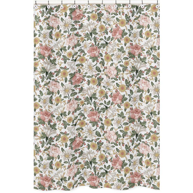 Vintage Floral Pink Green Yellow Fabric Shower Curtain