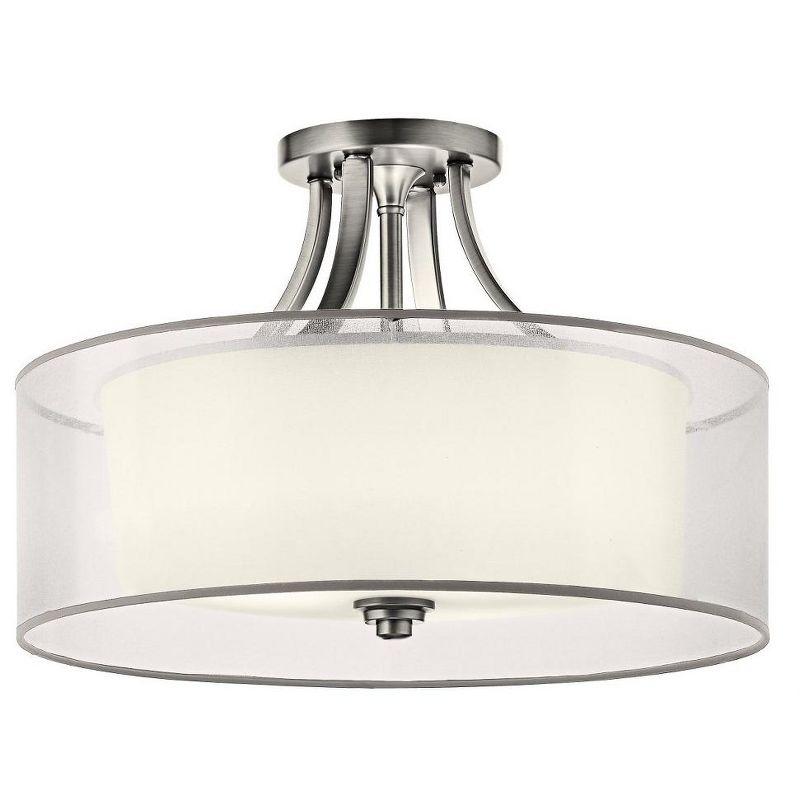 Lacey 20" 4 Light Semi Flush with Satin Etched Cased Opal Inner Diffusers and White Translucent Organza Outer Shade in Antique Pewter