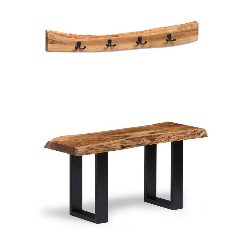 Alpine Natural Acacia Wood Live Edge Bench with Black Metal Coat Hooks