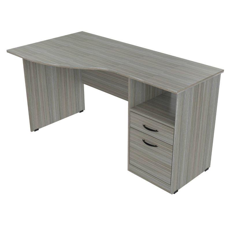 Curved Top Desk Smoke Oak - Inval: MDF Composite Office Table with File Drawer & Open Storage Shelf