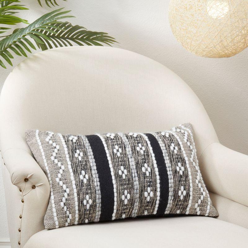 Black and White Rectangular Cotton Throw Pillow with Multi-Pattern