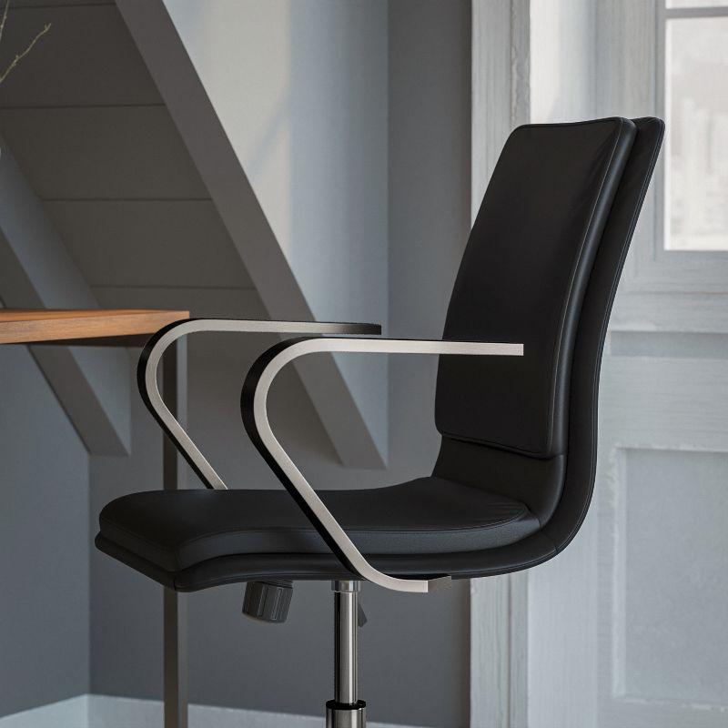 Modern Swivel Mid-Back Executive Chair in Brushed Chrome and Black Leather