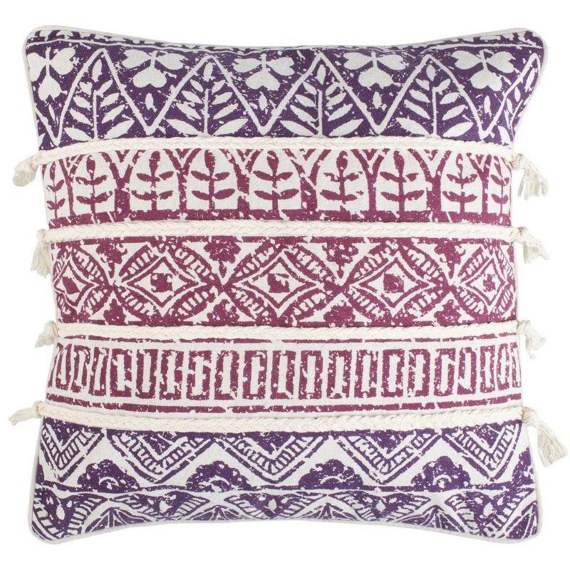 Mela 18" Beige and Purple Tassel Throw Pillow