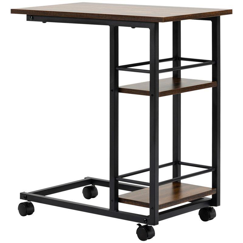 HOMCOM C Shaped End Table with Storage Shelves, Mobile Side Table with Wheels for Sofa Couch, Bed, Metal Frame
