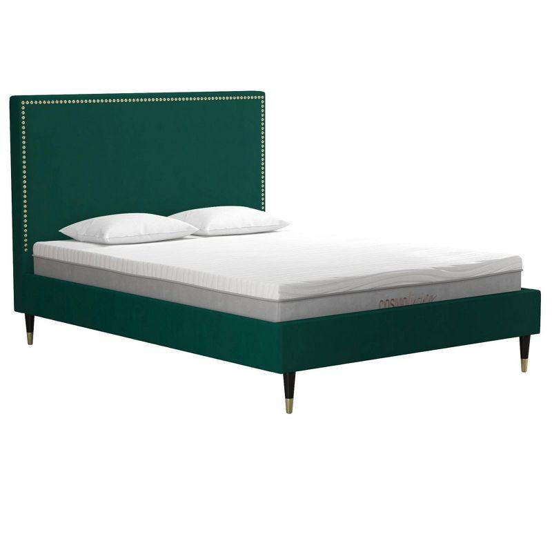 Emerald Green Velvet Queen Bed with Gold Nailhead Trim & Black Legs