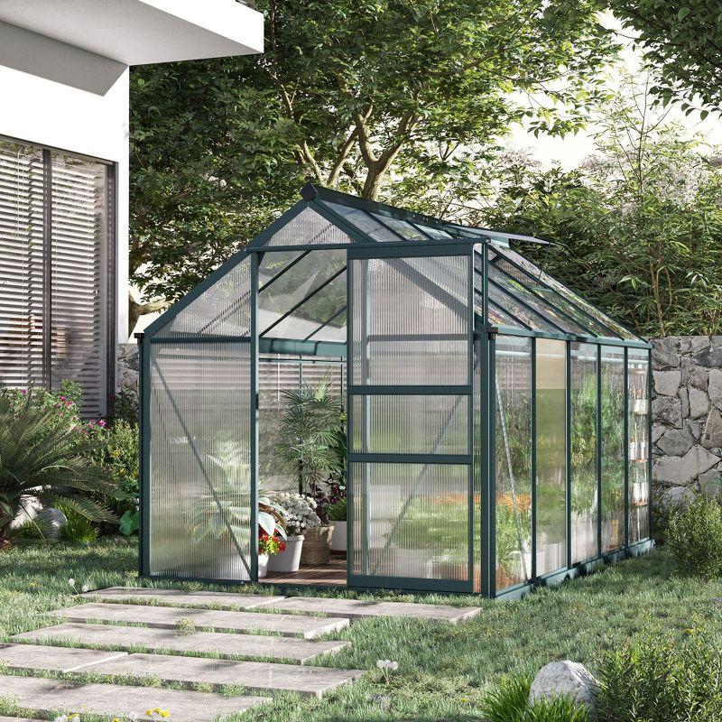 Outsunny Polycarbonate Greenhouse, Heavy Duty Outdoor Aluminum Walk-in Green House Kit with Vent & Door for Backyard Garden