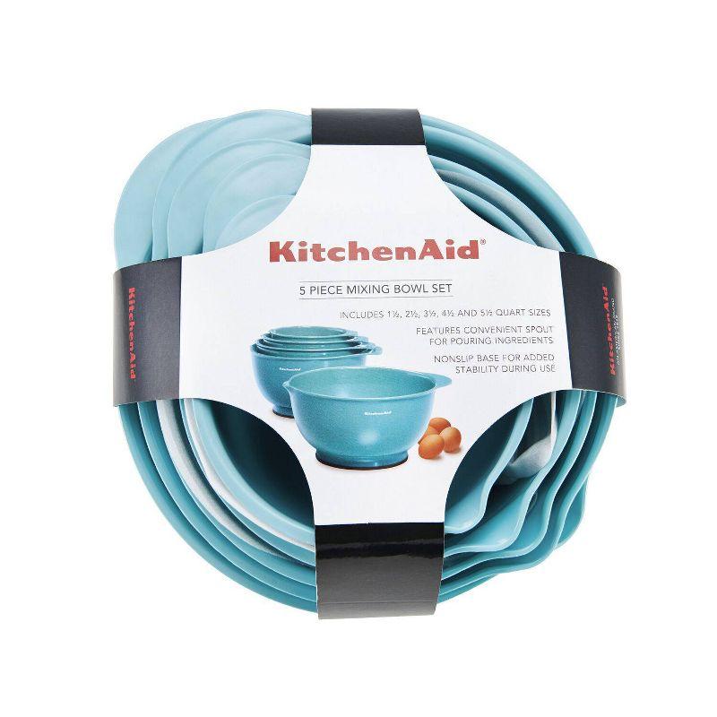 KitchenAid Set of 5 Mixing Bowls Aqua Sky: Plastic Nesting Bowls, Easy-Pour Spout, Dishwasher-Safe, BPA-Free