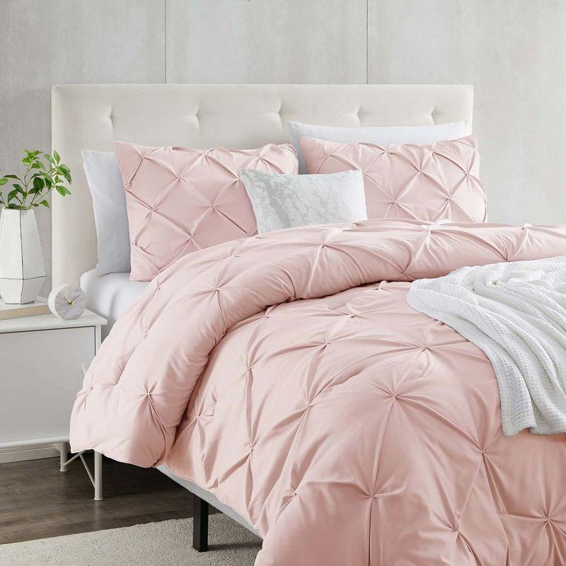 Nestl 3 Piece Pinch Pleated Duvet Cover Set, Full Size Pintuck Duvet Cover with Button Closure, Blush