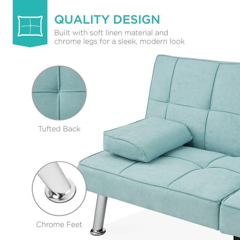 Best Choice Products Modern Linen Convertible Futon Sofa Bed w/ Removable Armrests, Metal Legs, Cupholders - Aqua