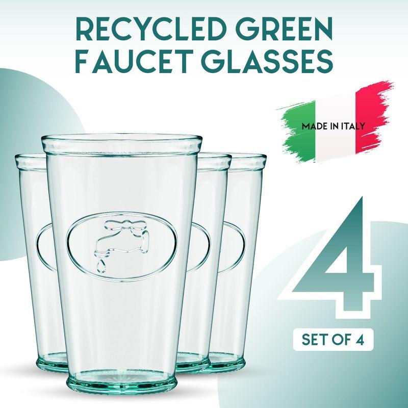 Amici Home Italian Recycled Green Water Tap Hiball Glass, Drinking Glassware with Green Tint, Embossed Water Faucet Icon, Set of 4,16-Ounce