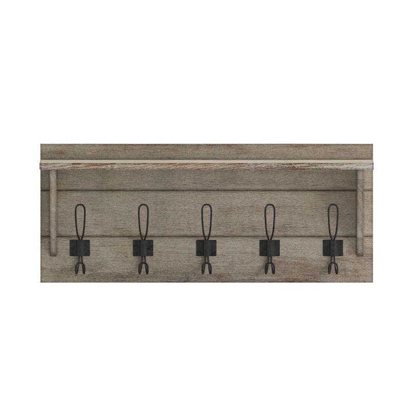 Weathered Pine Wood Wall Mount Storage Rack with 5 Hooks and Shelf