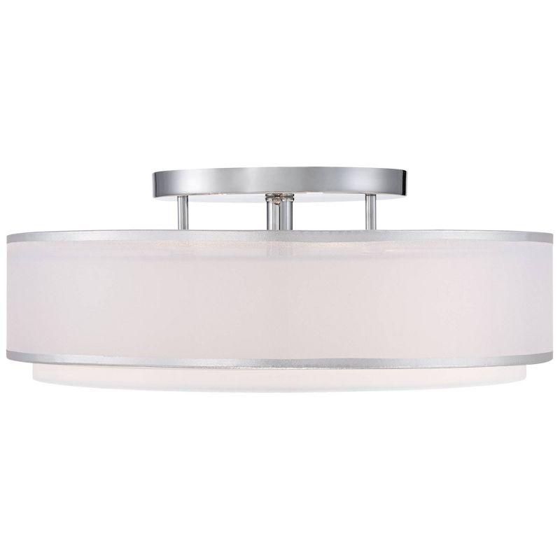 Possini Euro Design Modern Ceiling Lighting Semi Flush Mount Fixture 20" Wide Chrome 3-Light Sheer Outer Off White Inner Drum Shade for Bedroom House