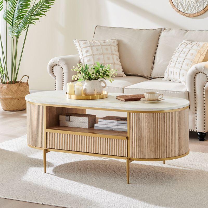 Everly Quinn Modern Fluted Coffee Table, 48" Oval Coffee Table with Drawer,Curved Profile Design,Center Table for Living Room