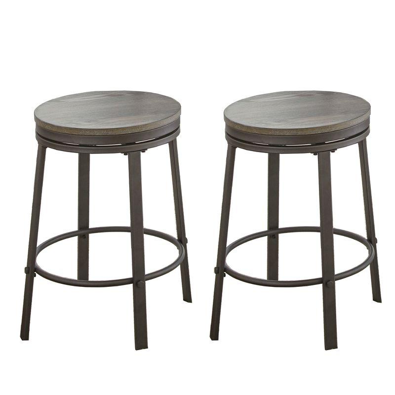 Gray Metal and Wood Swivel Backless Counter Stool, Set of 2