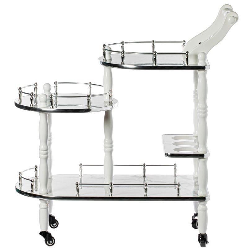 Fabulaxe Wood Serving Bar Cart Tea Trolley with 3 Tier Shelves and Rolling Wheels, Silver, White and Gray