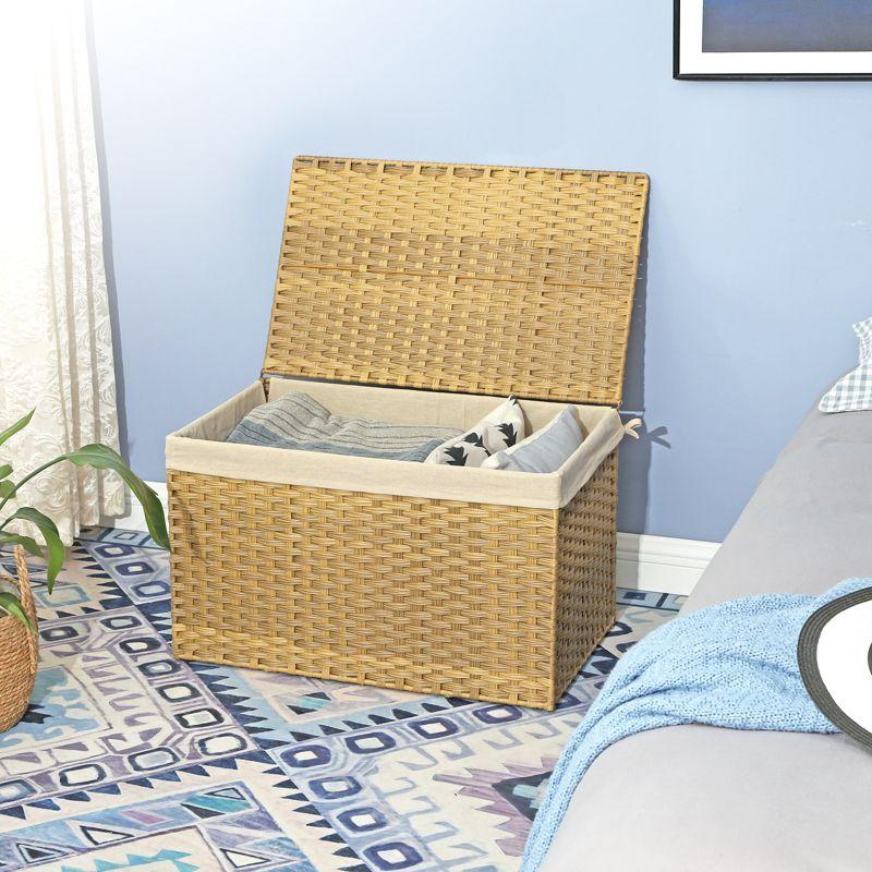 SONGMICS Storage Basket with Lid, 42.3 Gallon (160L) Storage Bin, Woven Blanket Storage Basket with Handles, Foldable, Removable Liner, Natural