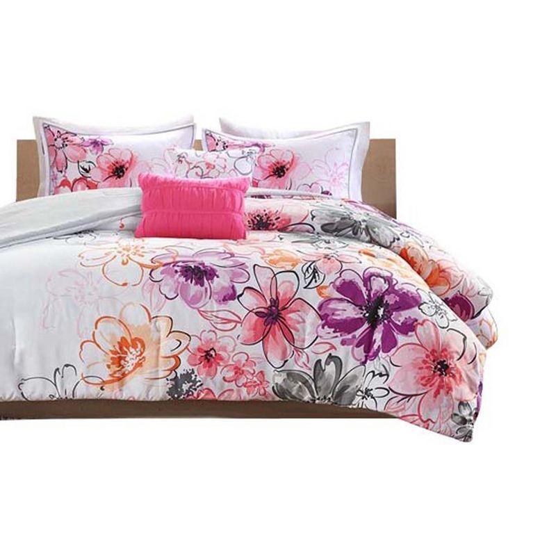 Twin Pink Floral Print Comforter Set with Shams