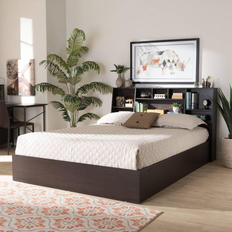 Queen Geoffrey Wood Platform Storage Bed with Shelves Dark Brown - Baxton Studio: Modern Design, No Box Spring Required