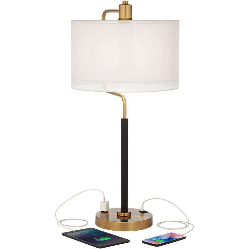 Possini Euro Design Carlyle Modern Mid Century Desk Lamp 30 1/2" Tall Gold with USB and AC Power Outlet in Base Double Drum Shades for Living Room