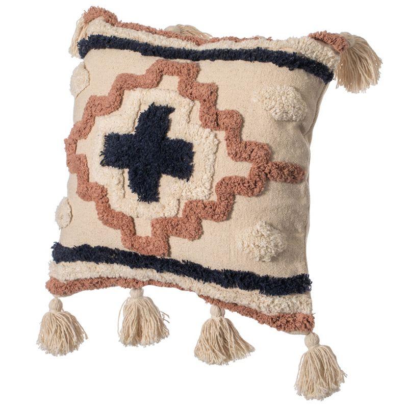 16" Beige and Navy Cotton Throw Pillow with Tassels