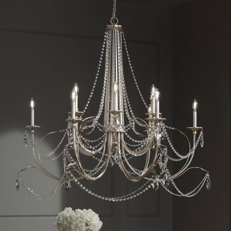 Regency Hill Strand Silver Leaf Chandelier 46" Wide French Beaded Crystal 12-Light Fixture for Dining Room House Foyer Kitchen Island Entryway Bedroom