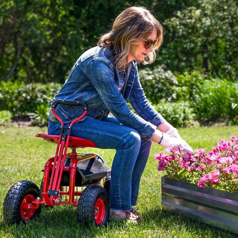 Sunnydaze Outdoor Heavy-Duty Steel Rolling Gardening Cart with Extendable Steer Handle, Swivel Chair, Tool Tray, and Basket - Red