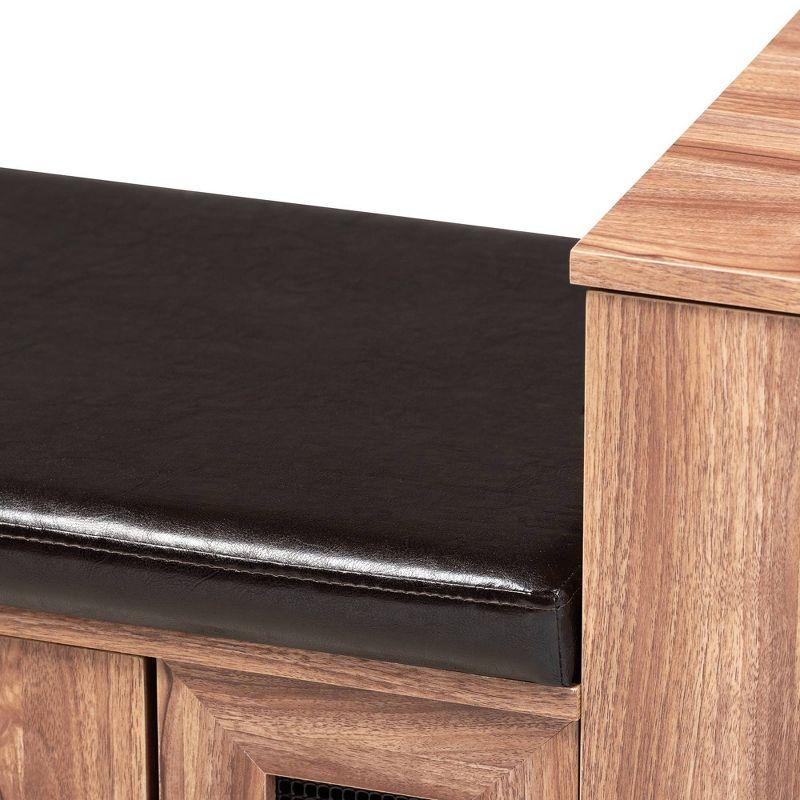 2 Door Valina Faux Leather Wood Shoe Storage Bench with Cabinet Brown - Baxton Studio: Engineered Oak Finish, 5 Shelves