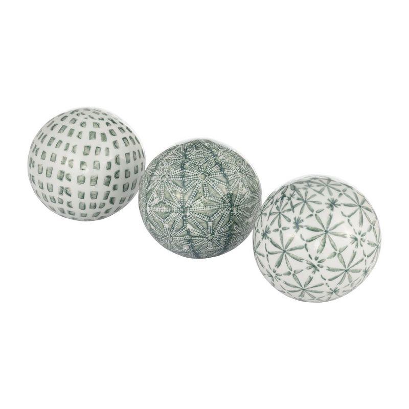 Sagebrook Home Set of 3 Ceramic Orbs - 4" Set of Green and White Decorative Round Table Orbs for Home or Office Decor