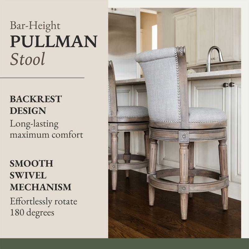 Maven Lane Pullman 31 Inch Tall Bar Height Upholstered Barstool with Back in Reclaimed Oak Finish with Ash Grey Fabric Cushion Seat, Set of 4