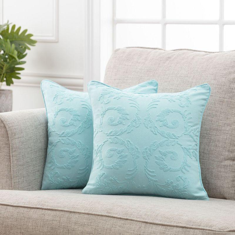 Damask Blue Embroidered Cotton-Polyester Euro Pillow Covers, 18" x 18"