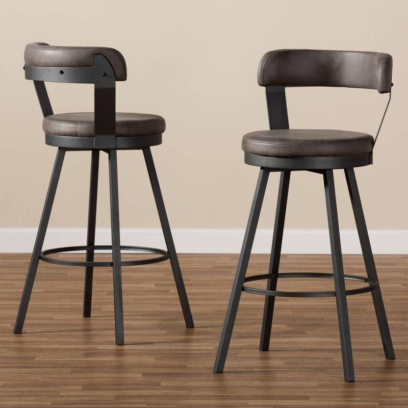 Baxton Studio Set of 2 Arcene Antique Faux Leather Swivel Barstools Gray/Black: Upholstered, Curved Back, Metal Frame