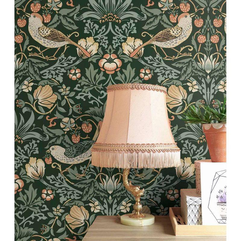 NextWall Aves Garden Peel and Stick Wallpaper Green: Vintage Bird & Floral Design, Repositionable, Washable, 30.75 Sq Ft Coverage