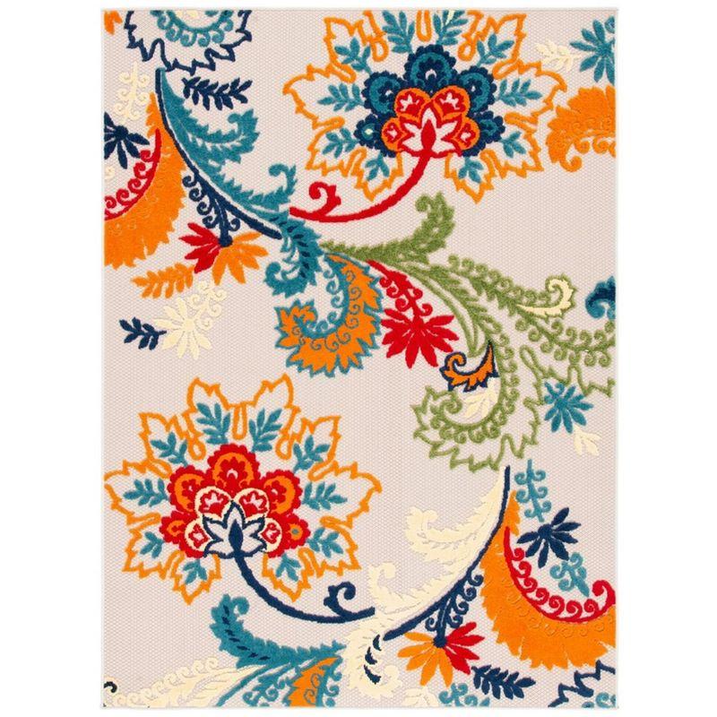 Ivory and Blue Floral Synthetic Easy-Care Rectangular Rug