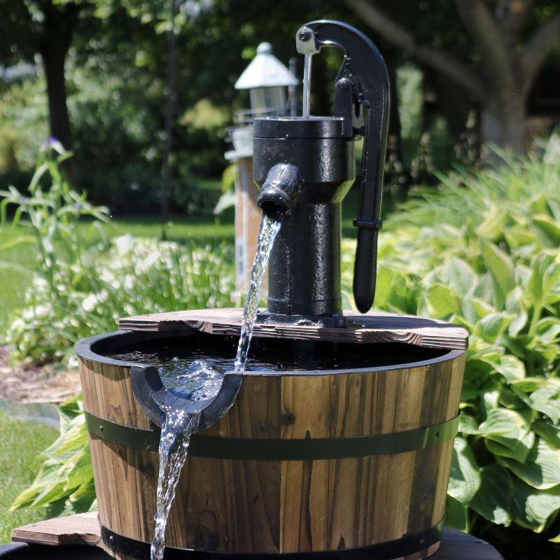 Sunnydaze 34"H Electric Fir Wood 2-Tier Farmhouse Barrel with Metal Decorative Hand Pump Outdoor Water Fountain