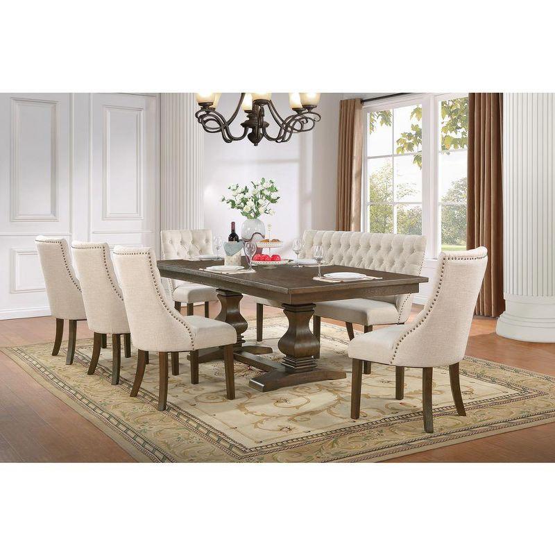 Beige Linen Upholstered Walnut Wood Dining Bench