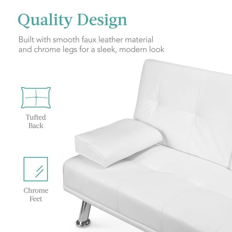 White Faux Leather Convertible Sleeper Sofa with Cup Holders