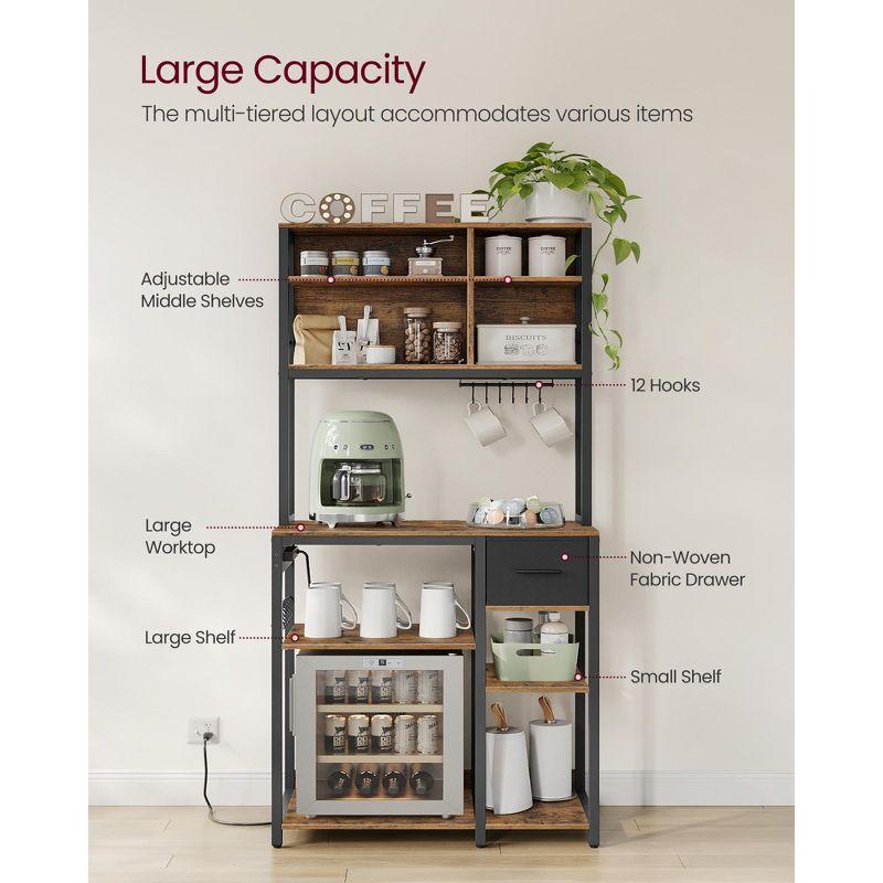VASAGLE Bakers Rack with Charging Station, Coffee Bar with Adjustable Storage Shelves, Kitchen Microwave Stand, Rustic Brown and Ink Black