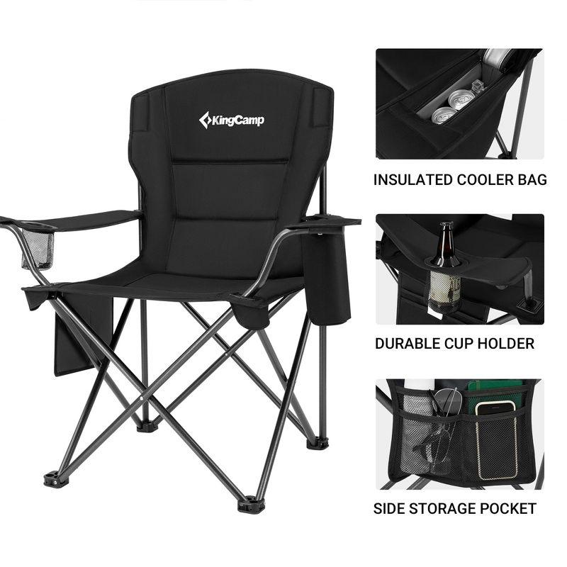 KingCamp Padded Portable Outdoor Folding Lounge Chairs with Built In Cupholder, Insulated Cooler Sleeve, and Side Storage Pocket, Black