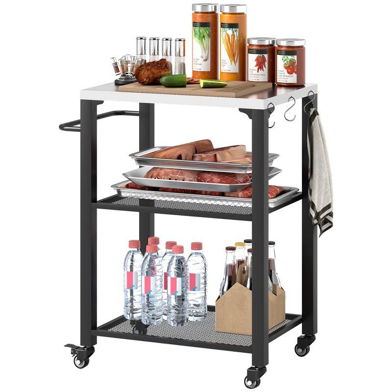 Outdoor Grill Cart Table with Foldable Side Table, Stainless Steel Tabletop, 37.8" x 18.1" Pizza Oven Table with Storage & Towel Rack, Hooks, Movable Food Prep Table on Wheels