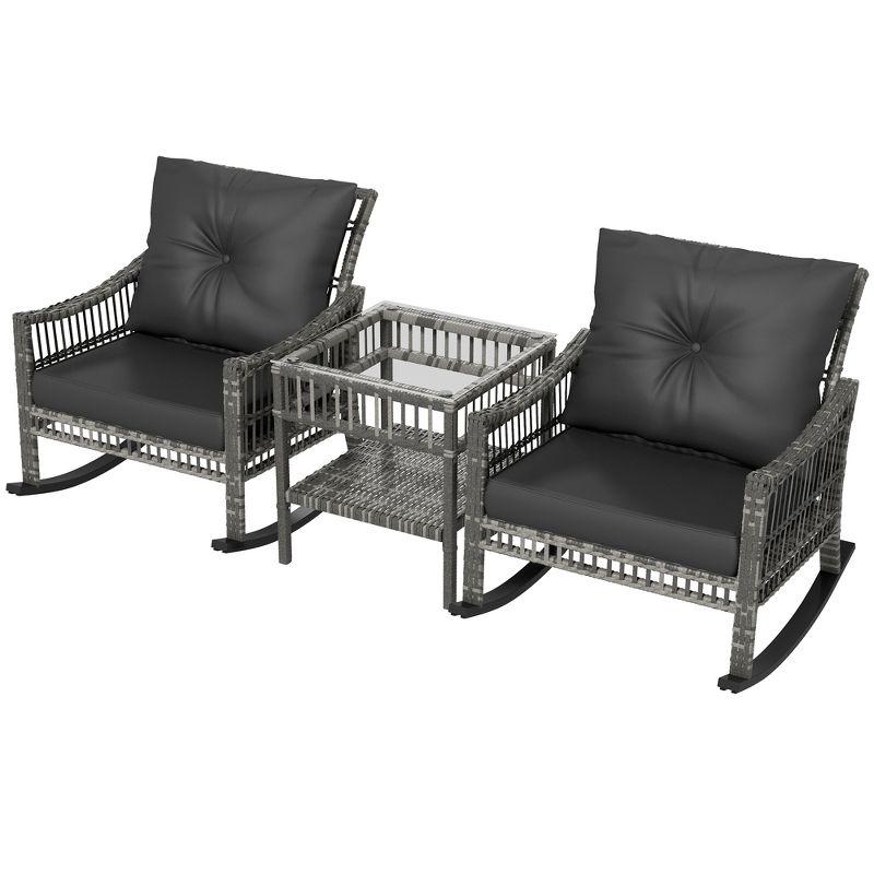 Outsunny Wicker Outdoor Rocking Chair Set, 3 Piece Patio Furniture Set with Padded Cushions and Storage Table, 2-Seater Rattan Bistro Set, Gray