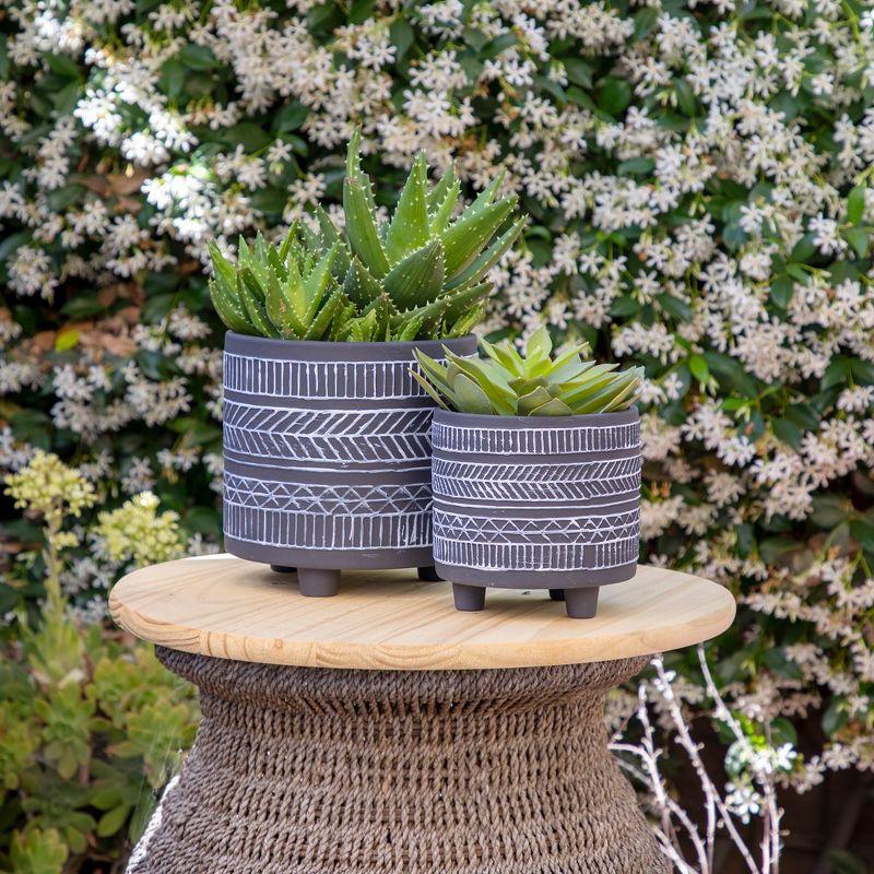 Black Tribal Ceramic Footed Planter Set, 6/8 Inch