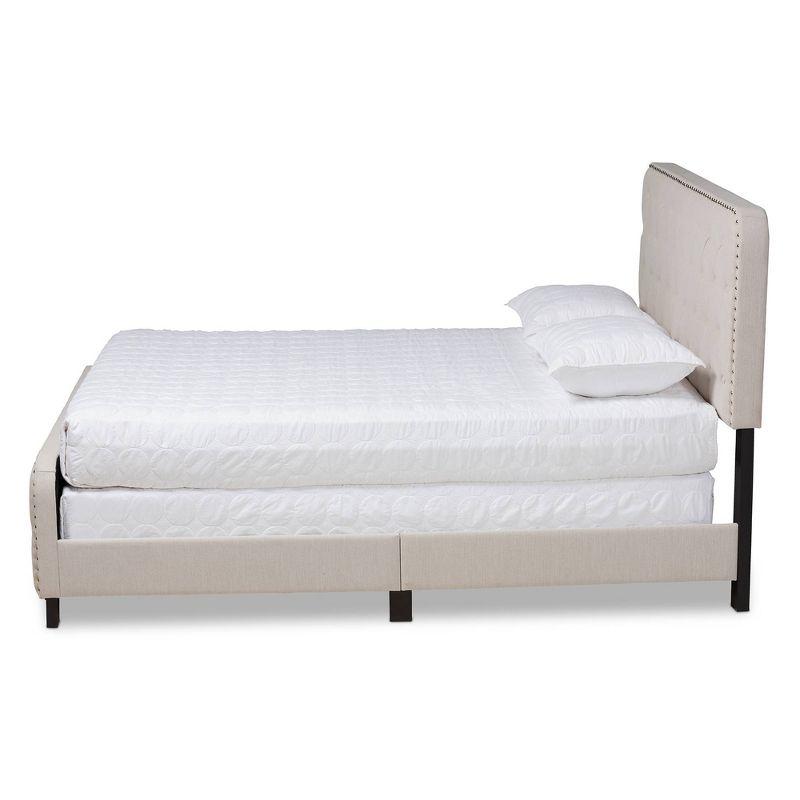 Beige Queen Upholstered Tufted Bed with Nailhead Trim