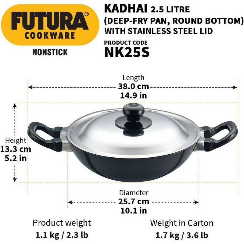 Hawkins Futura 2.5L Kadhai Fry Pan with Steel Lid: Anodized Aluminum, Gas Compatible, Hand Wash, 2-Piece Set