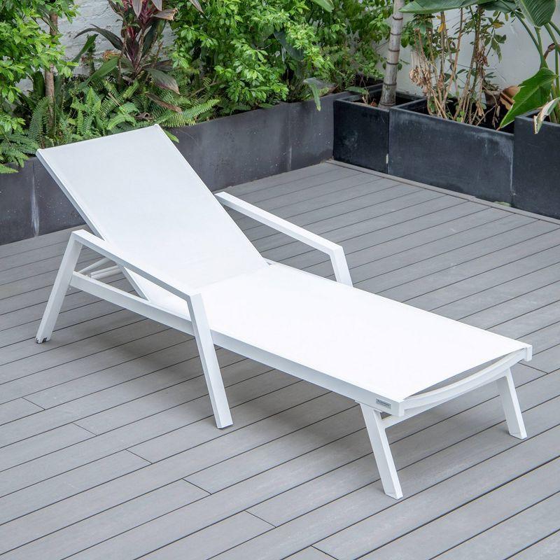 LeisureMod Marlin Patio Sling Chaise Lounge Chair With Arms in White Aluminum, White