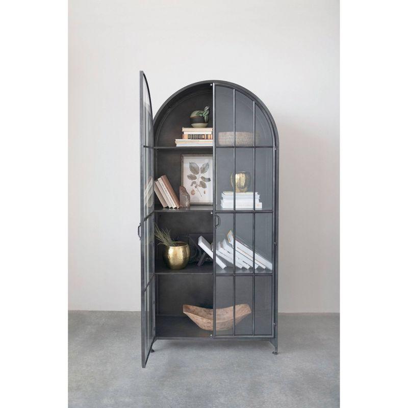 Storied Home Arched 76" Tall Decorative Storage Cabinet Black: Iron Frame, Glass Surface, Fixed Shelves