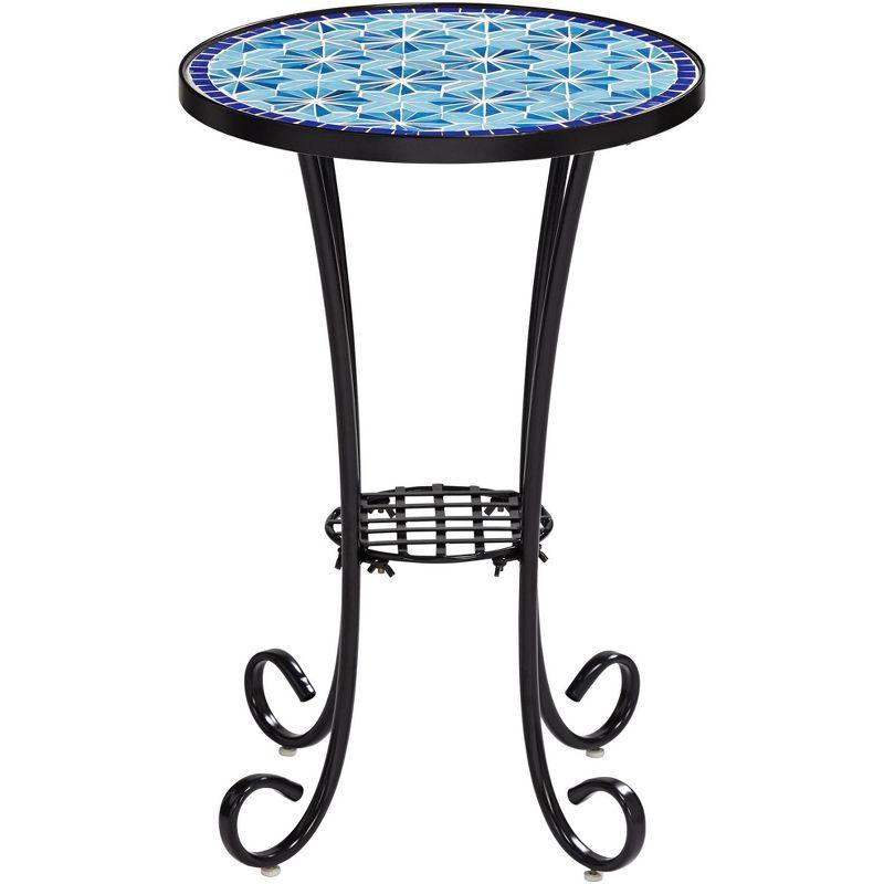 Teal Island Designs Coastal Black Round Outdoor Accent Side Tables 14" Wide Set of 2 Blue Stars Mosaic Tabletop Front Porch Patio Home House