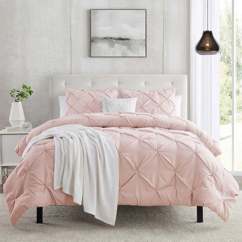Nestl 3 Piece Pinch Pleated Duvet Cover Set, Full Size Pintuck Duvet Cover with Button Closure, Blush